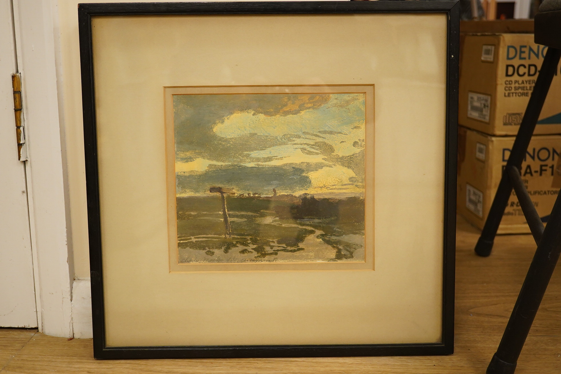 Charles Mack (?), mixed media and oil, Marshland, indistinctly inscribed, label verso, 19 x 21cm. Condition - fair